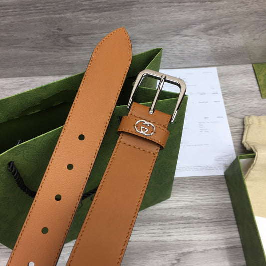 G BELT SILVER SQUARE INSTALL BUCKLE BROWN LEATHER 3.5CM