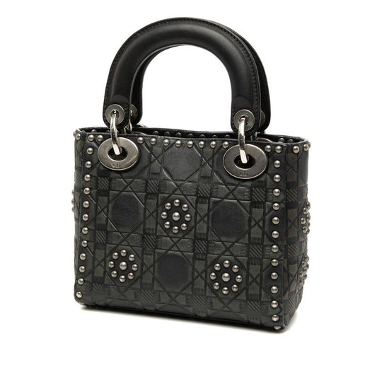 Dior Cannage Lady Studded Handbag Chain Shoulder Bag 2WAY Black Leather
