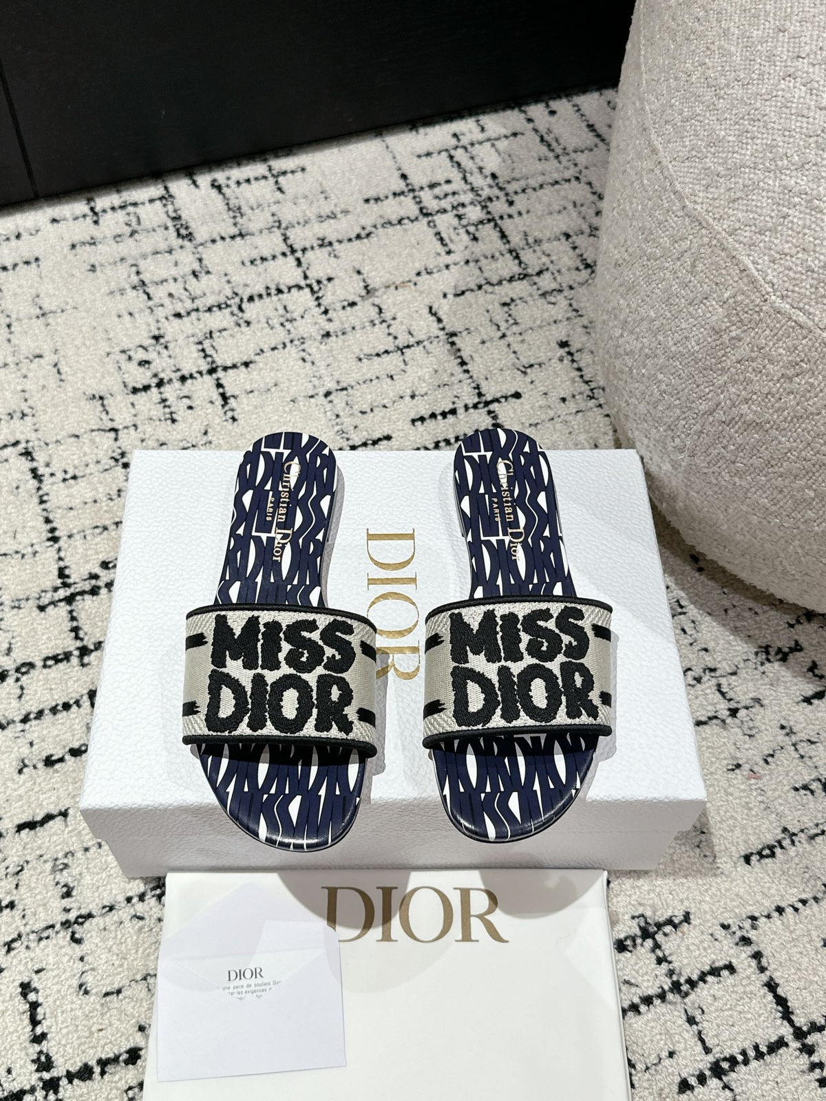 CD Dway Slide Deep Blue Mix White Black Embroidered Cotton