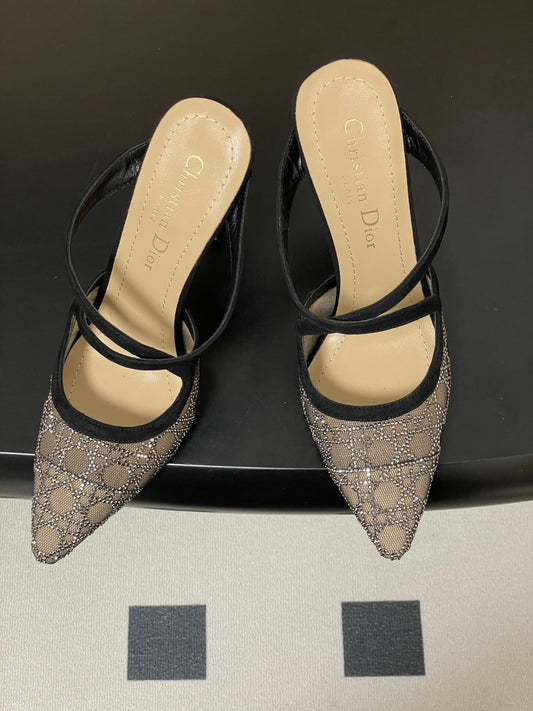 CD 26 High-Heeled Mules Black Beige Mesh Sheepskin 593588