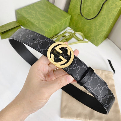 INTERLOCKING G GOLD BUCKLE 38MM BLACK LEAHTER MONOGRAM