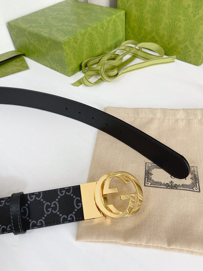 INTERLOCKING G GOLD BUCKLE 38MM BLACK LEAHTER MONOGRAM