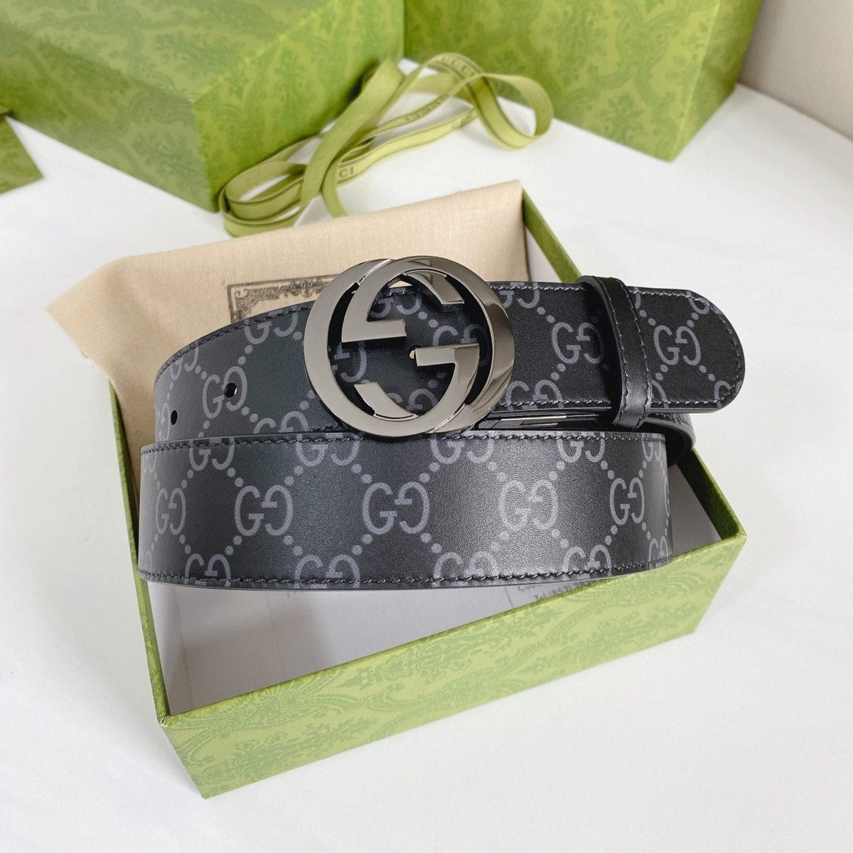 INTERLOCKING G GREY BUCKLE 38MM BLACK LEAHTER MONOGRAM