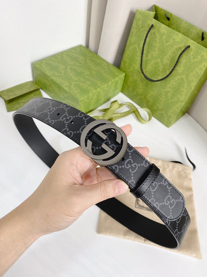 INTERLOCKING G GREY BUCKLE 38MM BLACK LEAHTER MONOGRAM