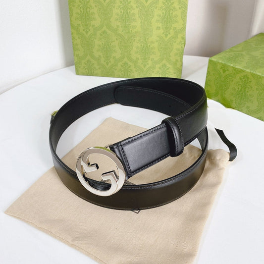 INTERLOCKING G SILVER BUCKLE 40MM BLACK LEAHTER