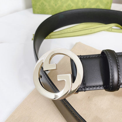 INTERLOCKING G SILVER BUCKLE 40MM BLACK LEAHTER