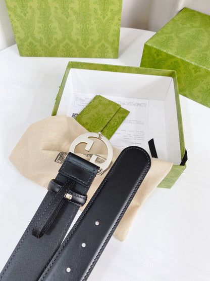 INTERLOCKING G SILVER BUCKLE 40MM BLACK LEAHTER