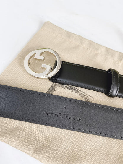 INTERLOCKING G SILVER BUCKLE 40MM BLACK LEAHTER