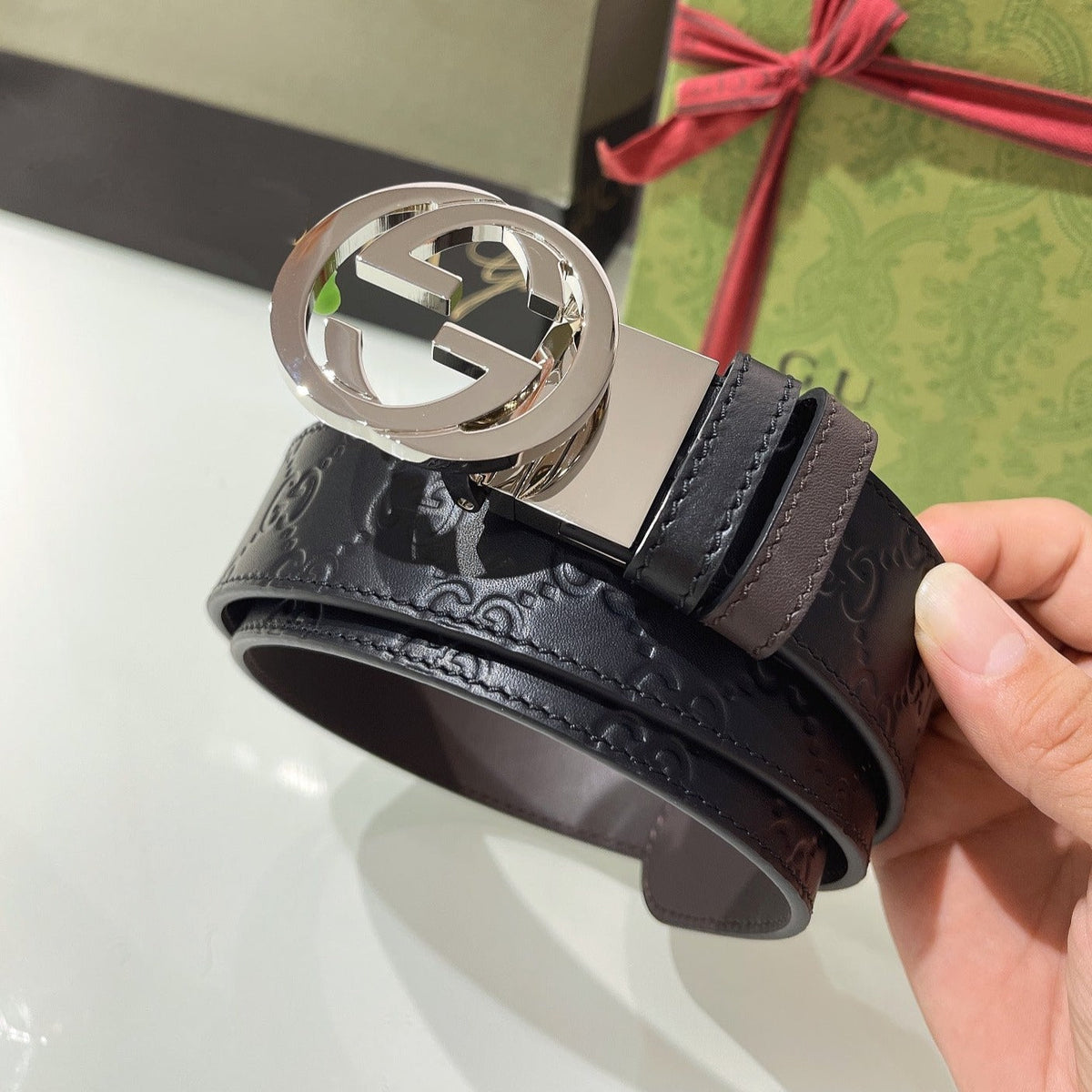 INTERLOCKING G SILVER BUCKLE 37MM BLACK BROWN LEATHER