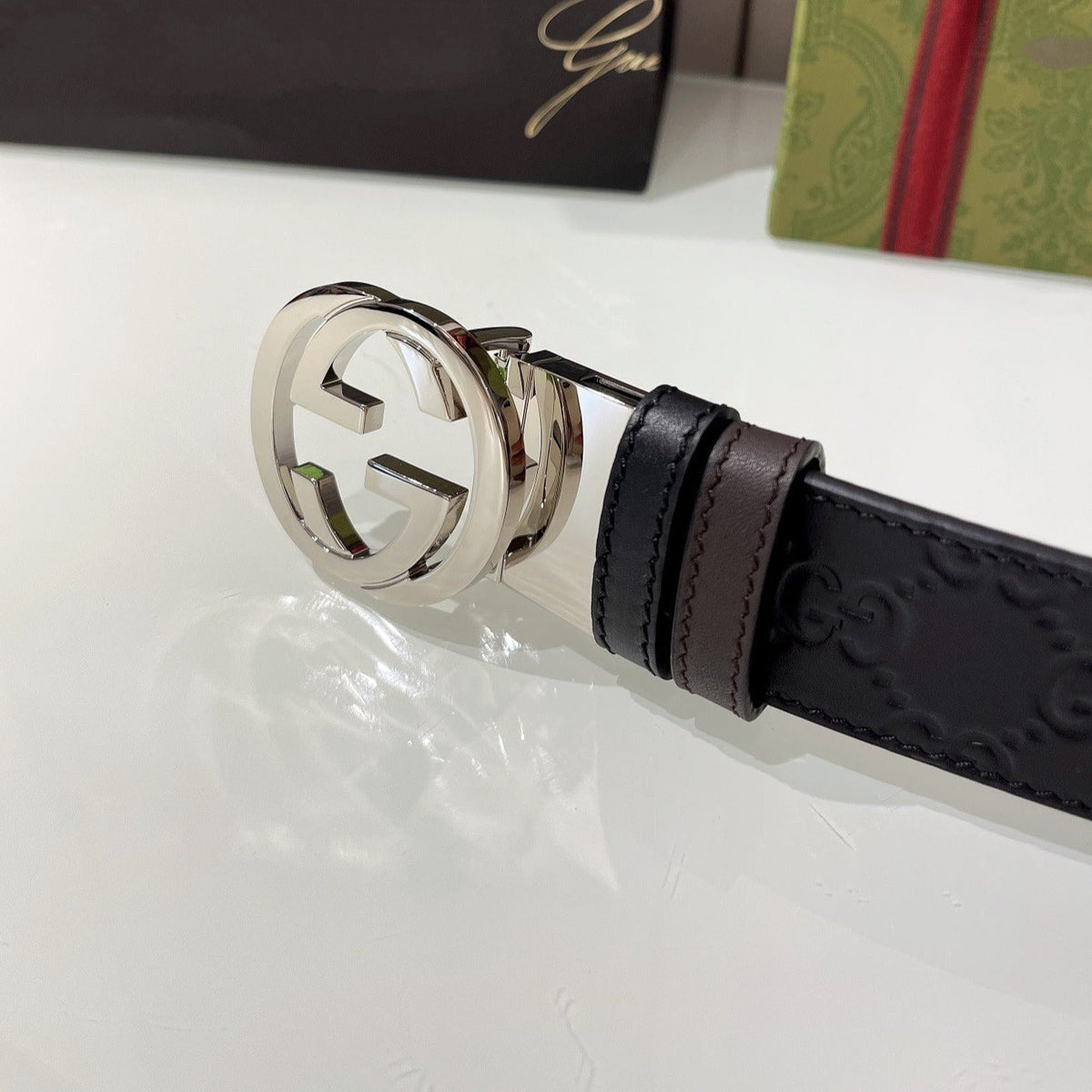INTERLOCKING G SILVER BUCKLE 37MM BLACK BROWN LEATHER