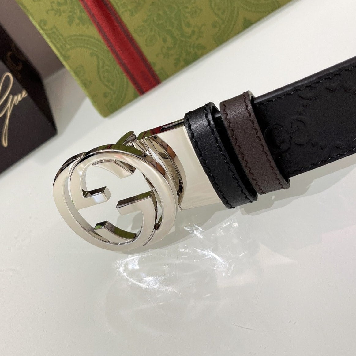INTERLOCKING G SILVER BUCKLE 37MM BLACK BROWN LEATHER