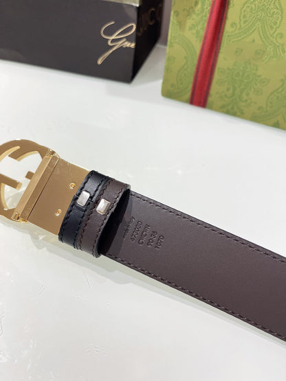 INTERLOCKING G GOLD BUCKLE 37MM BLACK BROWN LEATHER