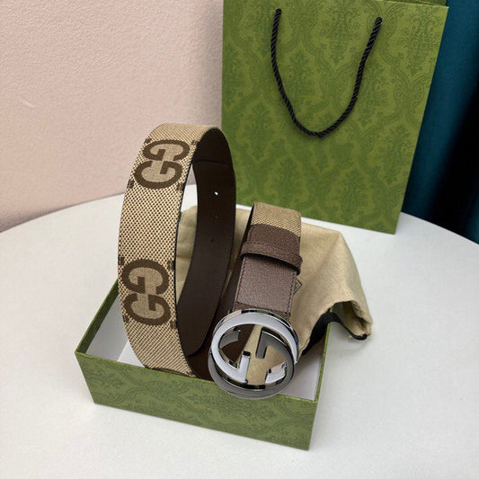 INTERLOCKING G BLACK SILVER BUCKLE 40MM BEIGE CANVAS