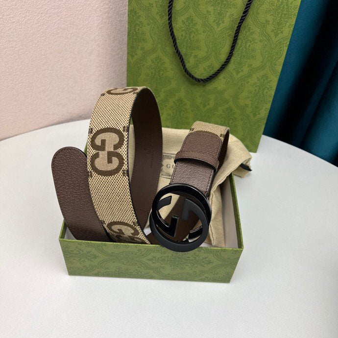 INTERLOCKING G BLACK GREY BUCKLE 40MM BEIGE CANVAS