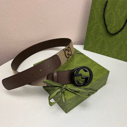 INTERLOCKING G BLACK GREY BUCKLE 40MM BEIGE CANVAS