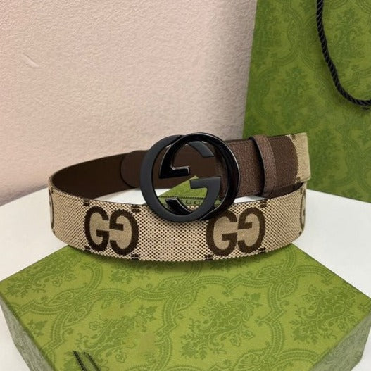INTERLOCKING G BLACK GREY BUCKLE 40MM BEIGE CANVAS