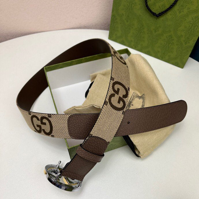 INTERLOCKING G GOLD GREY BUCKLE 40MM BEIGE CANVAS
