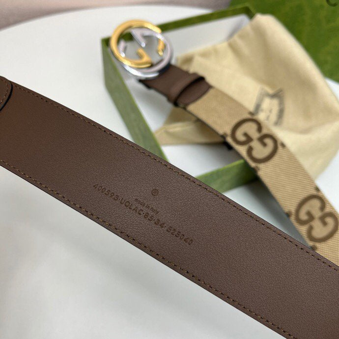 INTERLOCKING G GOLD GREY BUCKLE 40MM BEIGE CANVAS