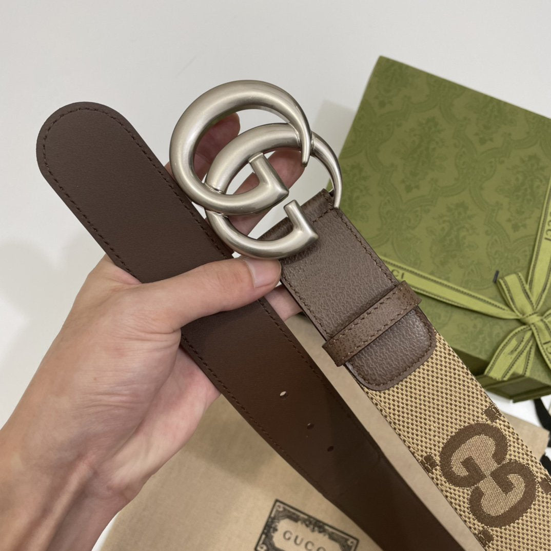 GG BELT 40MM SILVER BUCKLE BEIGE CANVAS
