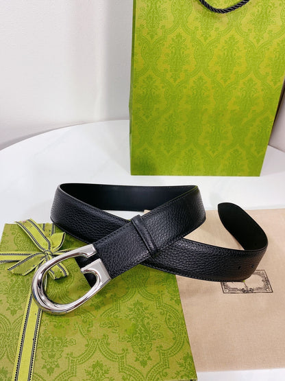 G BELT SILVER BUCKLE BLACK LEATHER 4.0CM