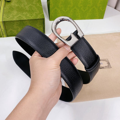 G BELT SILVER BUCKLE BLACK LEATHER 4.0CM