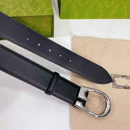 G BELT SILVER BUCKLE BLACK LEATHER 4.0CM