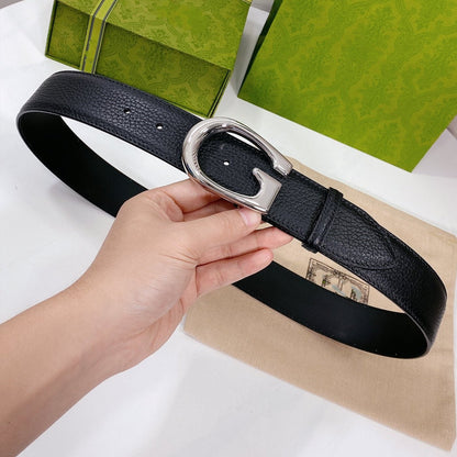 G BELT SILVER BUCKLE BLACK LEATHER 4.0CM