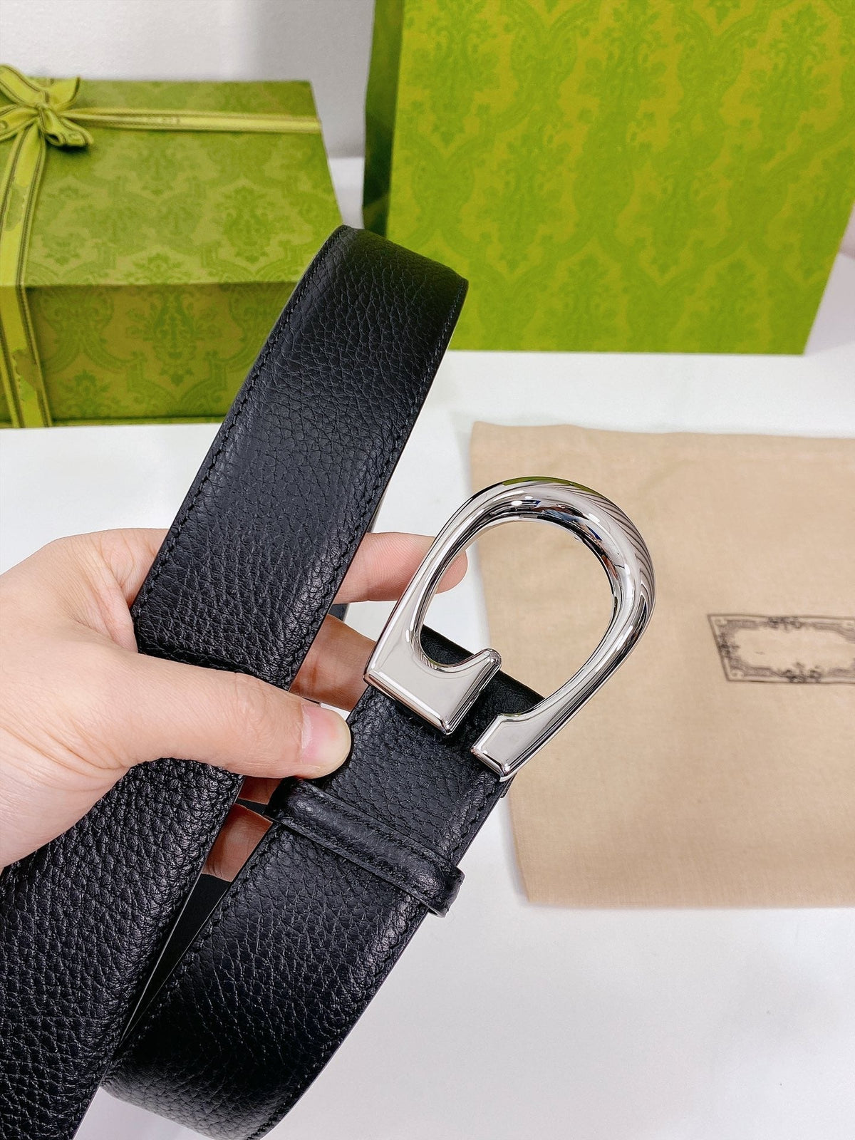 G BELT SILVER BUCKLE BLACK LEATHER 4.0CM
