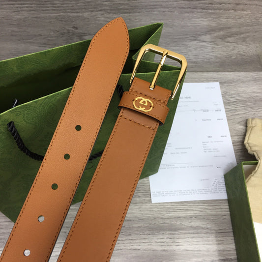 G BELT GOLD SQUARE INSTALL BUCKLE BROWN LEATHER 3.5CM