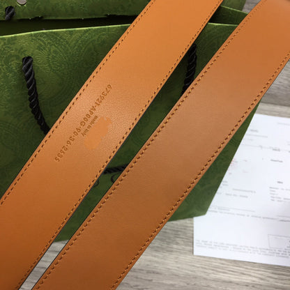 G BELT GOLD SQUARE INSTALL BUCKLE BROWN LEATHER 3.5CM