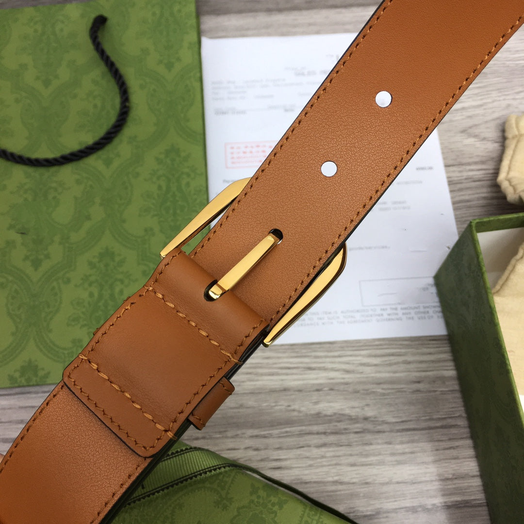 G BELT GOLD SQUARE INSTALL BUCKLE BROWN LEATHER 3.5CM