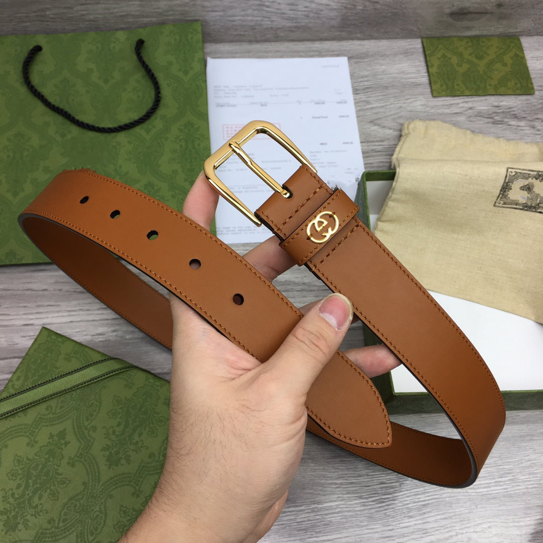 G BELT GOLD SQUARE INSTALL BUCKLE BROWN LEATHER 3.5CM