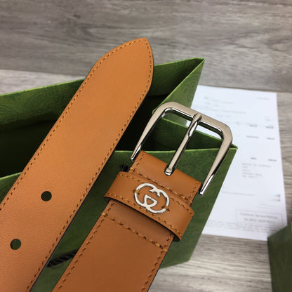G BELT SILVER SQUARE INSTALL BUCKLE BROWN LEATHER 3.5CM
