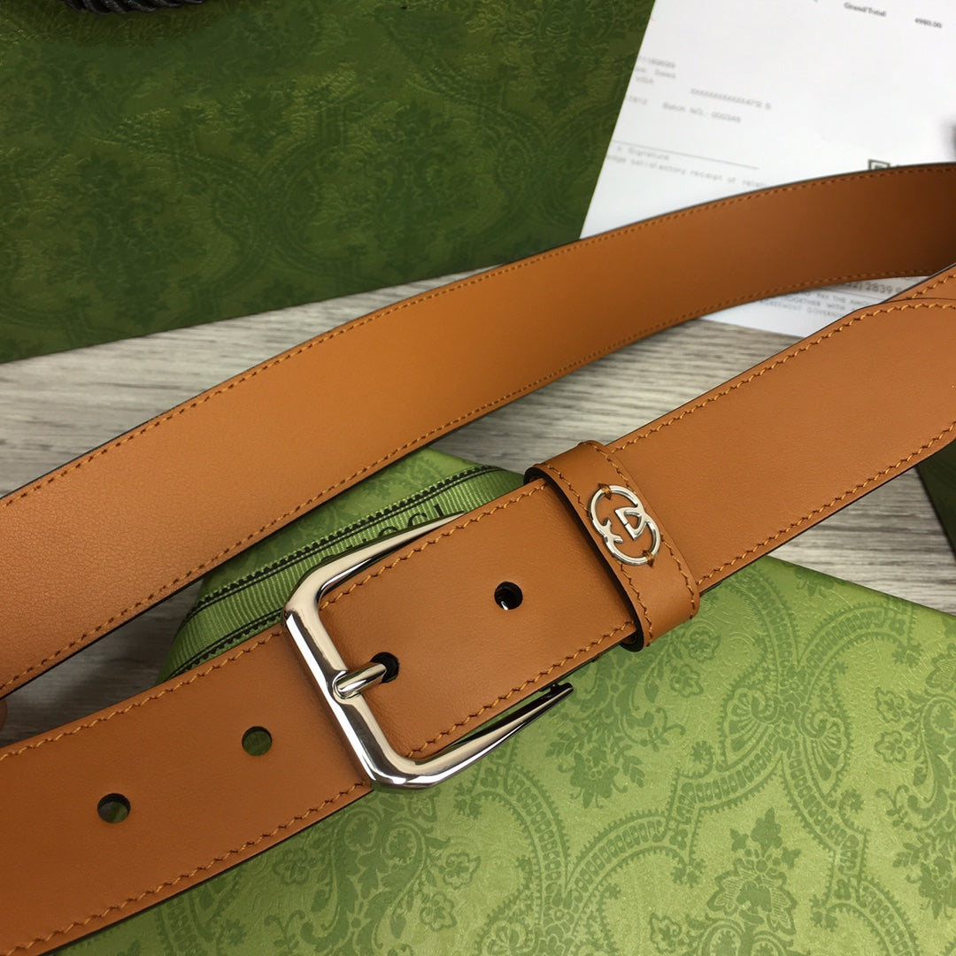G BELT SILVER SQUARE INSTALL BUCKLE BROWN LEATHER 3.5CM