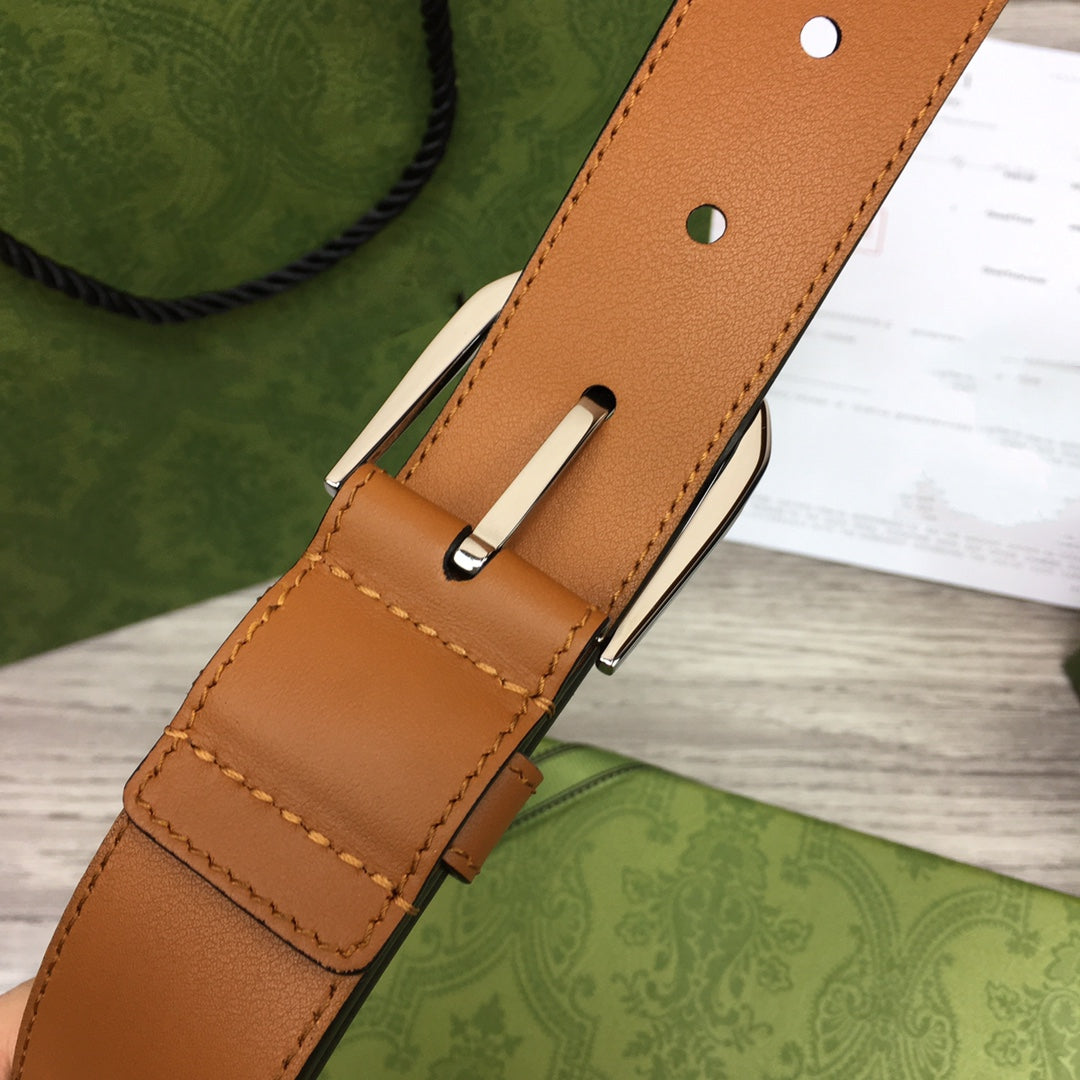 G BELT SILVER SQUARE INSTALL BUCKLE BROWN LEATHER 3.5CM