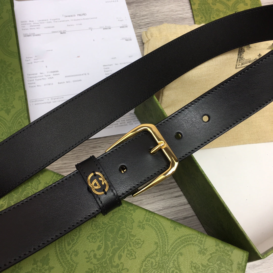 G BELT GOLD SQUARE  INSTALL  BUCKLE BLACK LEATHER 3.5CM
