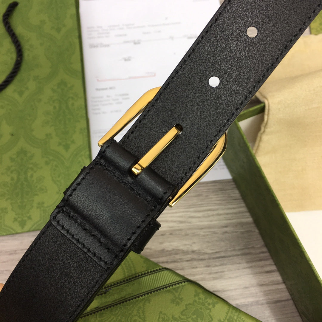 G BELT GOLD SQUARE  INSTALL  BUCKLE BLACK LEATHER 3.5CM