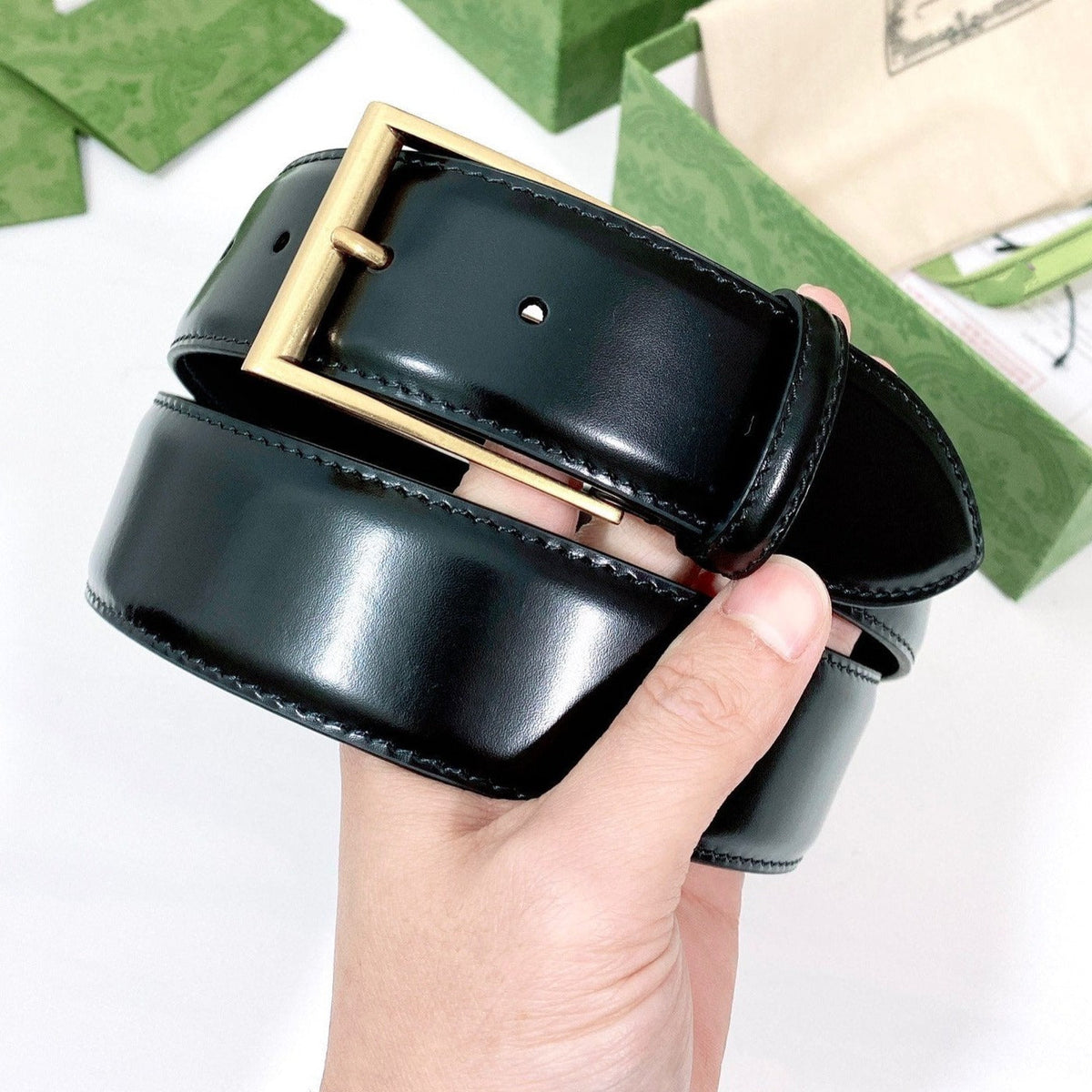 G BELT GOLD SQUARE INSTALL BUCKLE BLACK LEATHER 4.0CM