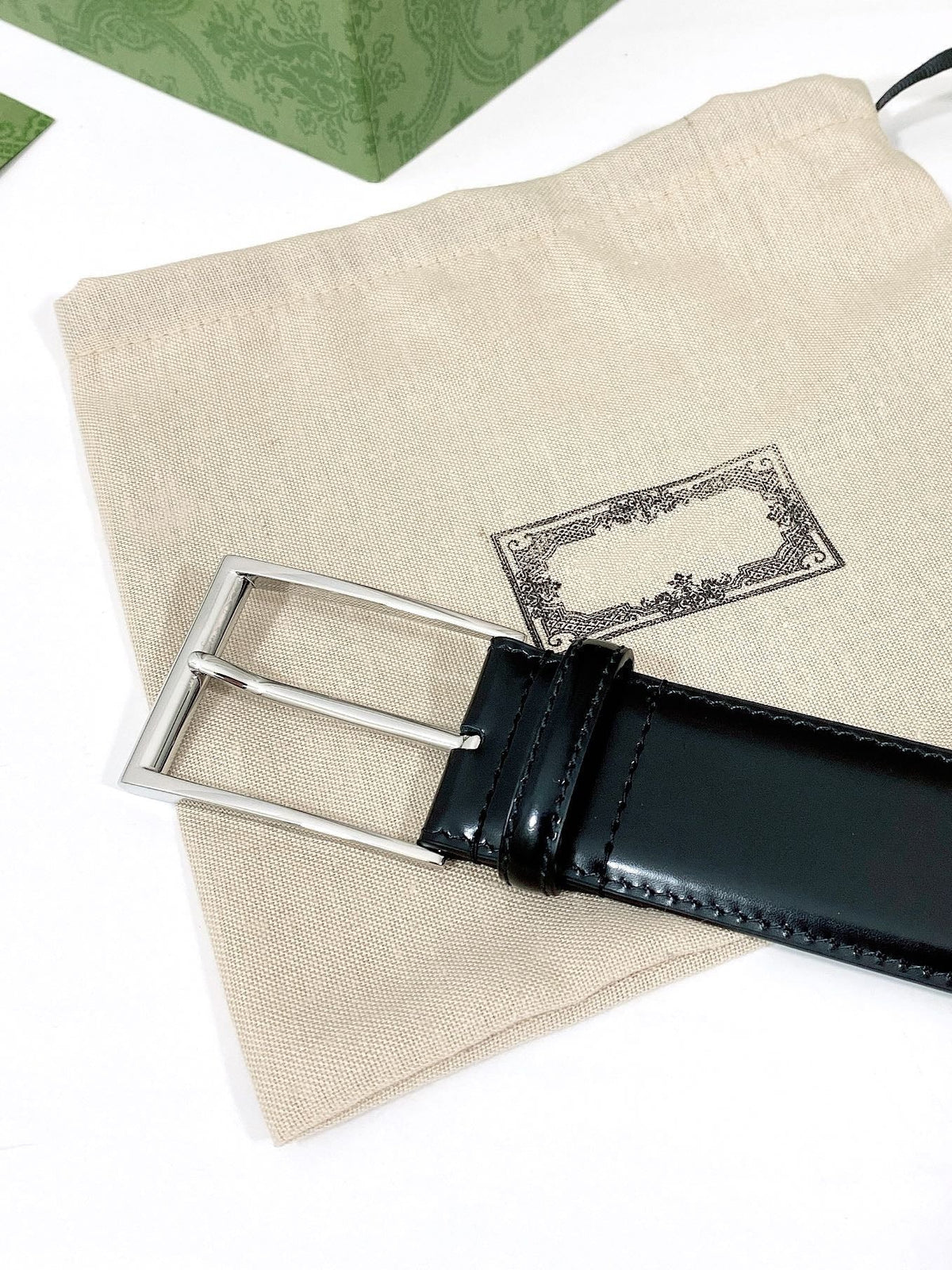 G BELT SILVER SQUARE INSTALL BUCKLE BLACK LEATHER 4.0CM