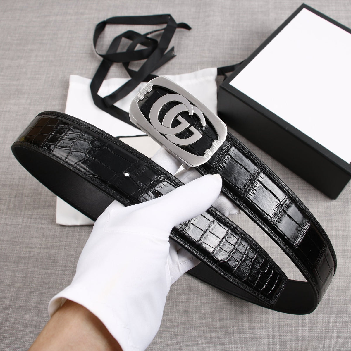 G BELT SILVER BUCKLE CROCODILE POLISHED BLACK  3.8CM