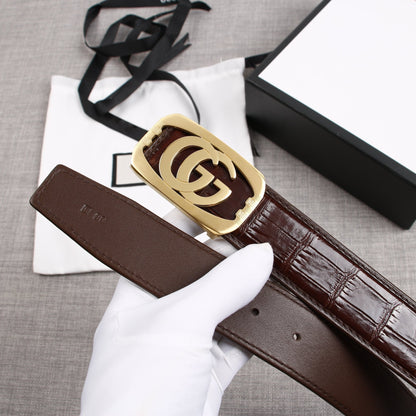 G BELT GOLD BUCKLE CROCODILE POLISHED BROWN  3.8CM