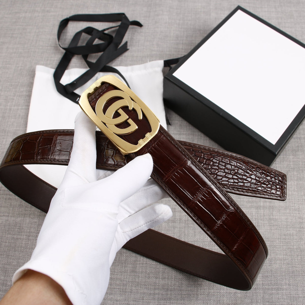 G BELT GOLD BUCKLE CROCODILE POLISHED BROWN  3.8CM