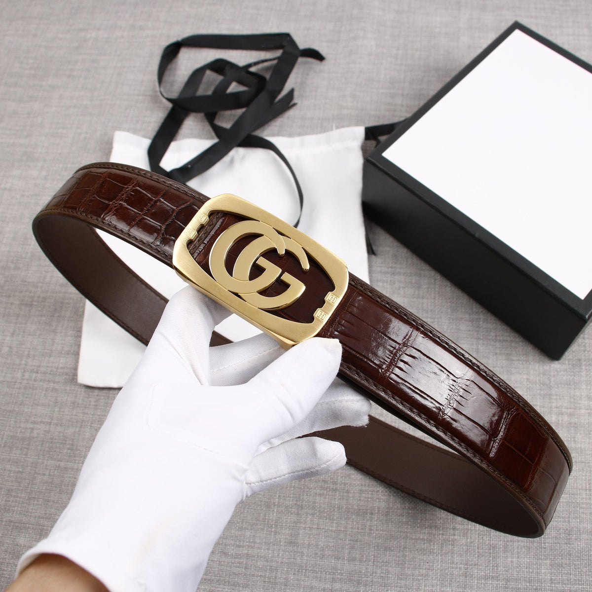 G BELT GOLD BUCKLE CROCODILE POLISHED BROWN  3.8CM