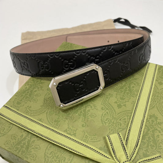 G BELT SILVER SQUARE BUCKLE BLACK LEATHER 3.5CM