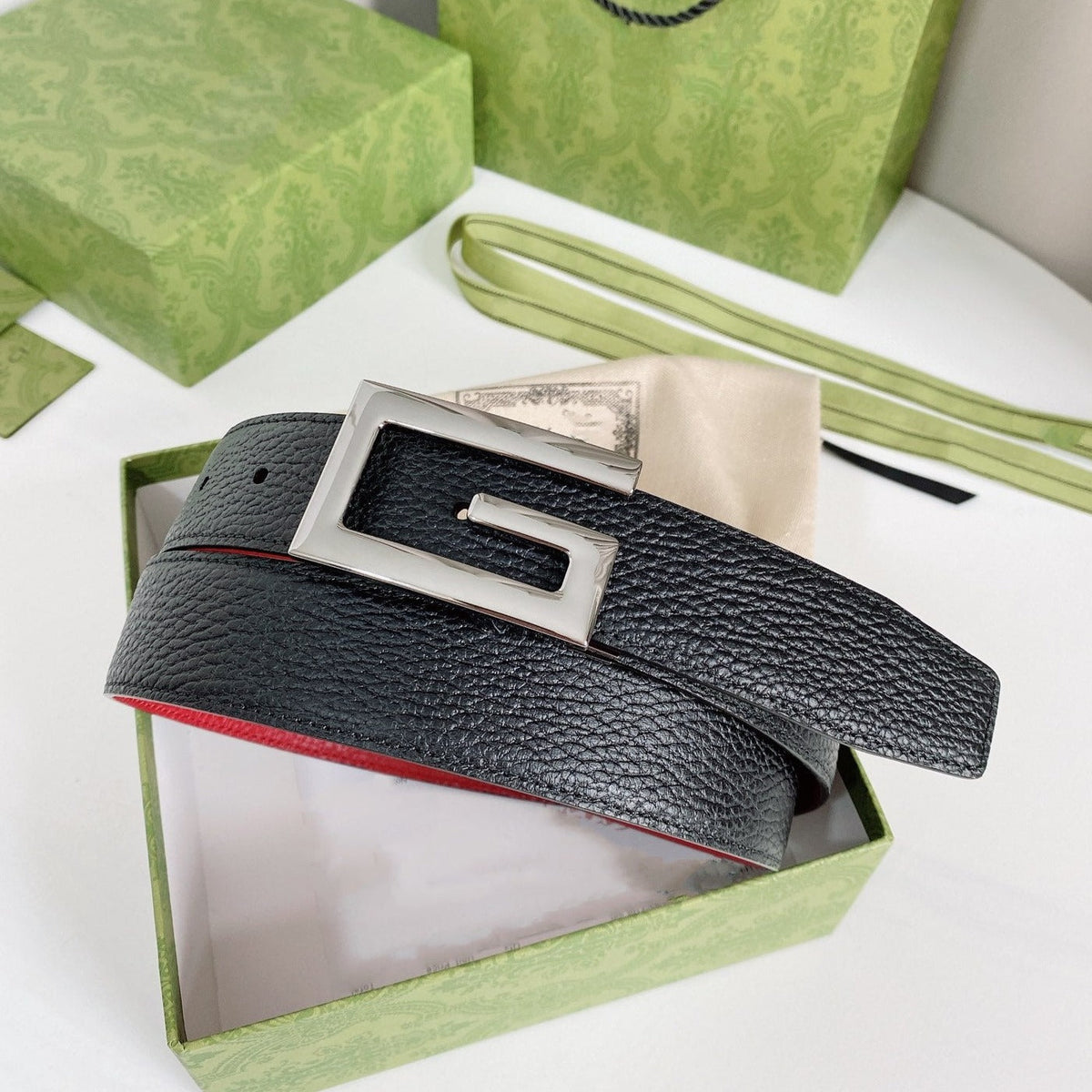 G BELT SILVER BUCKLE RED BLACK LEATHER 3.5CM