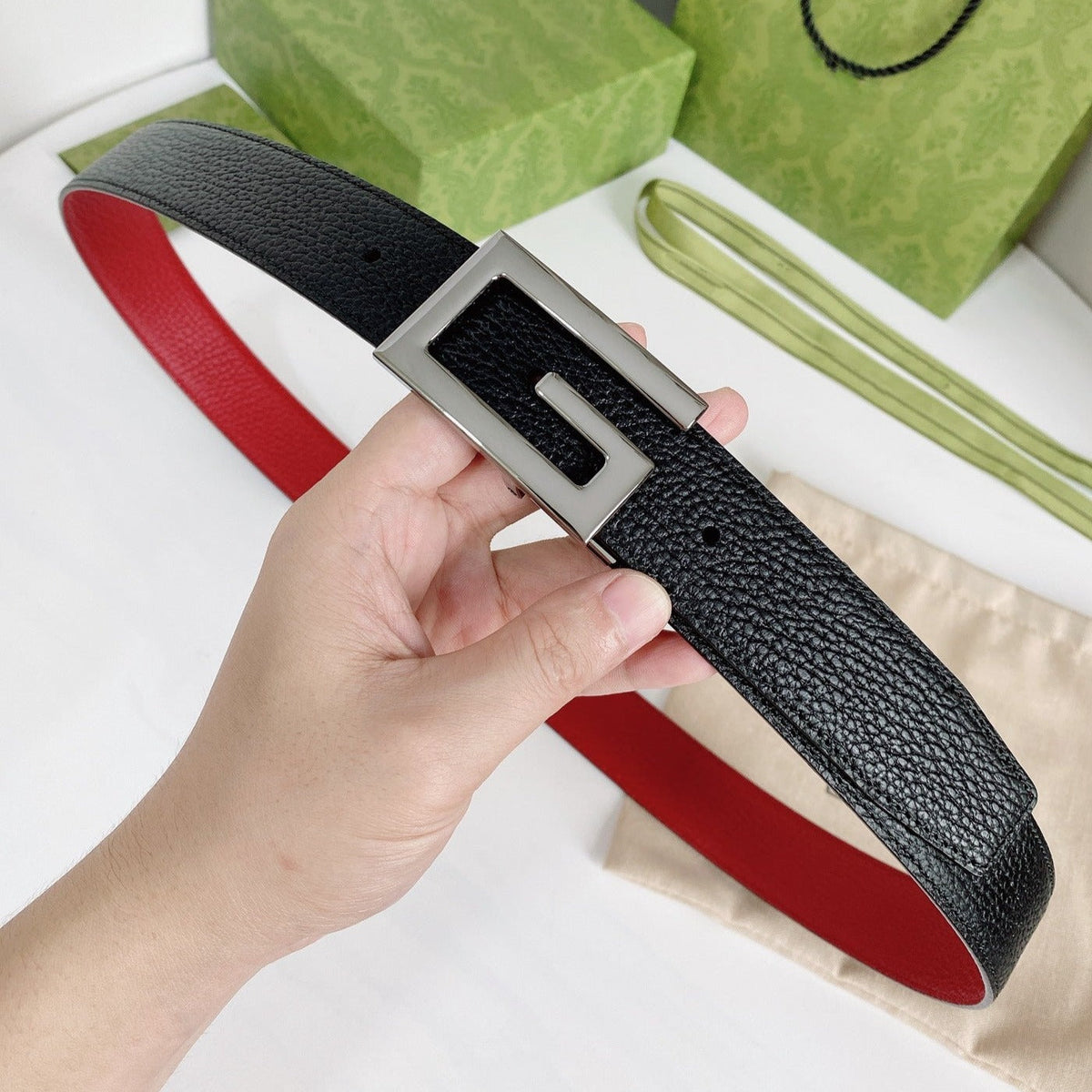 G BELT SILVER BUCKLE RED BLACK LEATHER 3.5CM