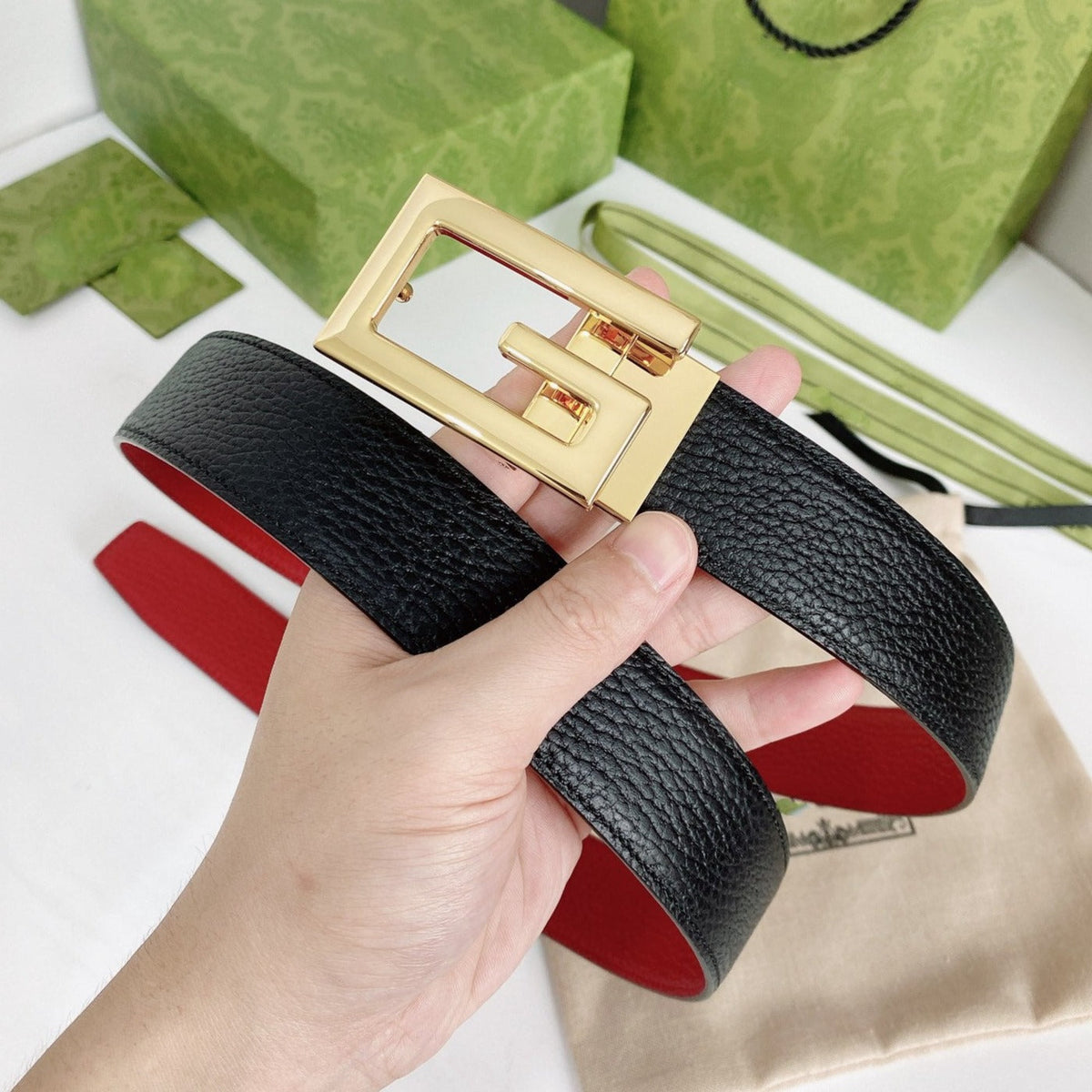 G BELT GOLD BUCKLE RED BLACK LEATHER 3.5CM