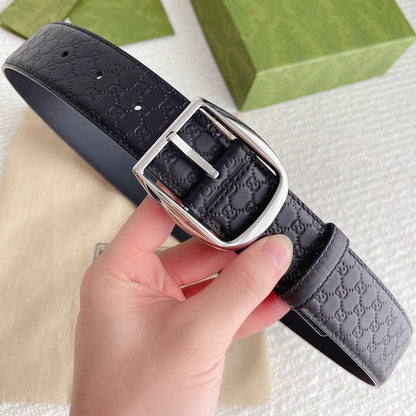 GC BELT SILVER BUCKLE IN GG SINK LEATHER 4.0CM