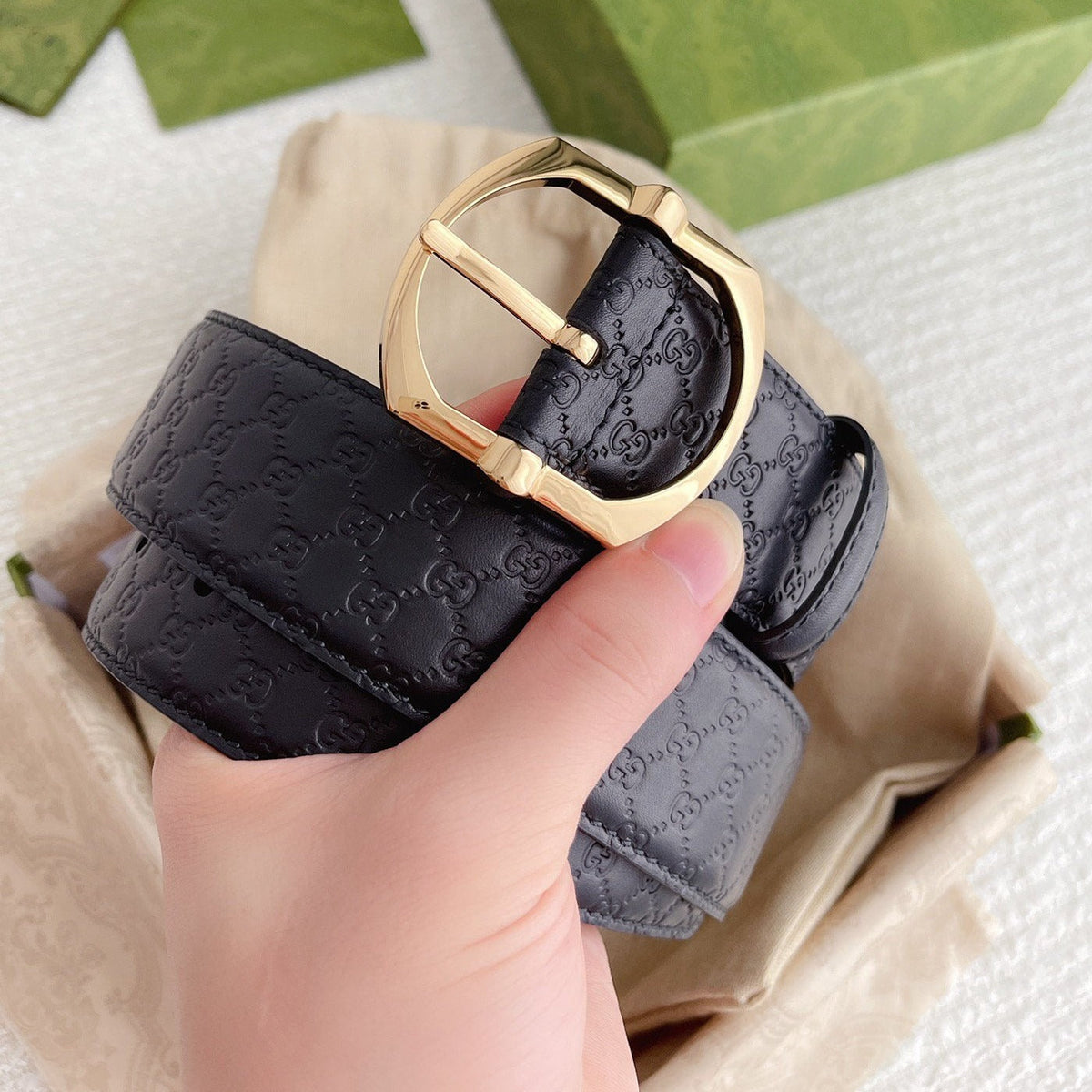 GC BELT GOLD BUCKLE IN GG SINK LEATHER 4.0CM