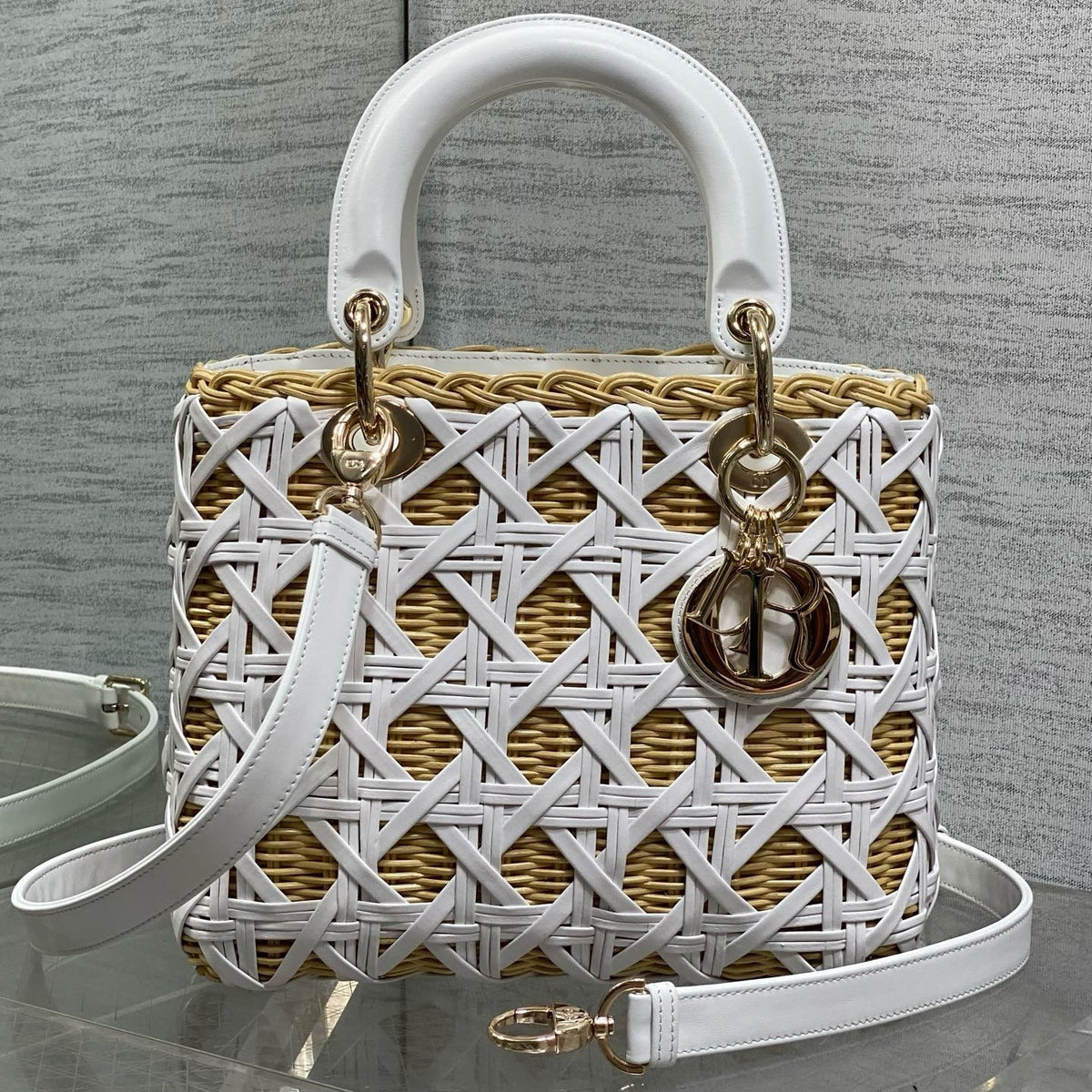 CD Lady Dior Bag 24cm White in Rattan 155504